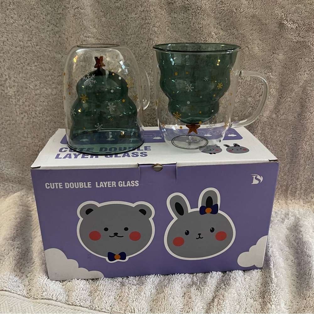 Cute Double Layer Glass Set with Christmas Tree Design